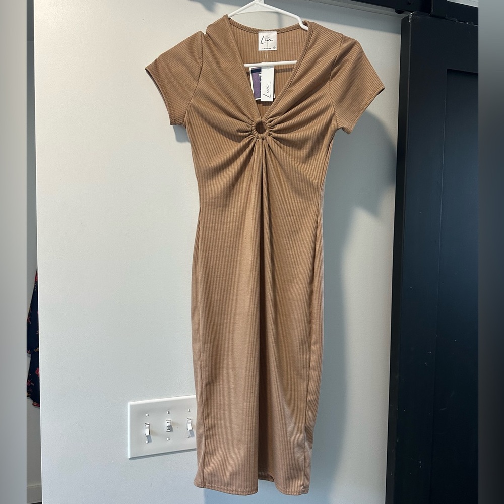 NWT Tan Midi Dress with Knot Detail